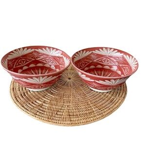 TWO Vintage Japanese Porcelain Bowls – Red Underglaze Carved Arita Style